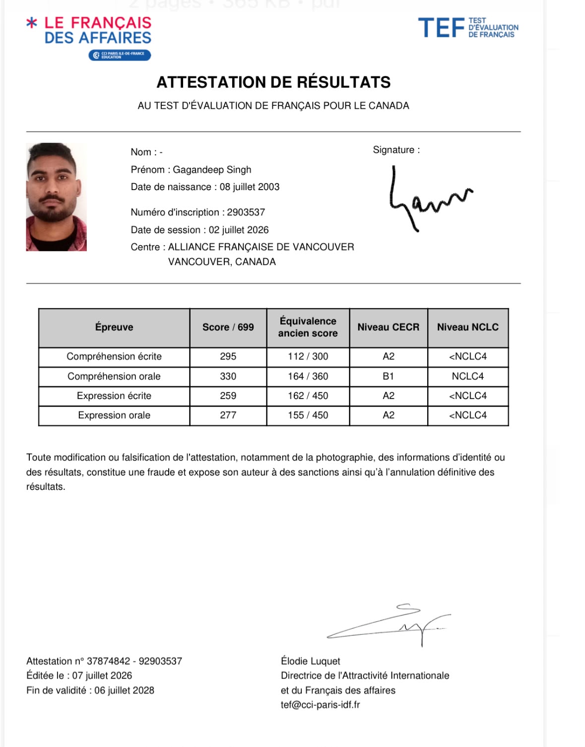 Student French Test Result 3